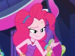 Size: 1434x1069 | Tagged: safe, screencap, character:pinkie pie, episode:twilight under the stars, g4, my little pony:equestria girls, bare shoulders, bracelet, cropped, cute, diapinkes, female, heart necklace, jewelry, necklace, raised eyebrow, sleeveless, smiling, solo, strapless
