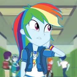 Size: 683x683 | Tagged: safe, screencap, character:blueberry cake, character:curly winds, character:heath burns, character:indigo wreath, character:rainbow dash, episode:run to break free, g4, my little pony:equestria girls, beautiful, blueberry cake, clothing, cropped, curly winds, cute, dashabetes, female, geode of super speed, head scratch, heath burns, indigo wreath, magical geodes, sad, sadorable, singing, solo focus, some blue guy