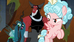 Size: 1920x1080 | Tagged: safe, screencap, character:cozy glow, character:lord tirek, character:queen chrysalis, species:changeling, species:pegasus, species:pony, episode:frenemies, g4, my little pony: friendship is magic, changeling queen, female, filly, foal, male, nose piercing, nose ring, piercing, trio