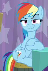 Size: 579x859 | Tagged: safe, screencap, character:rainbow dash, species:pony, episode:a trivial pursuit, g4, my little pony: friendship is magic, cropped, faec, rainbow dash is best facemaker, sitting, smug, smugdash, solo