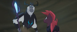 Size: 1360x569 | Tagged: safe, screencap, character:storm king, character:tempest shadow, species:pony, species:unicorn, my little pony: the movie (2017), antagonist, armor, broken horn, crown, fangs, female, glare, glow, horn, horns, jewelry, magic, mare, regalia, staff, staff of sacanas, storm, wind, windswept mane, yeti