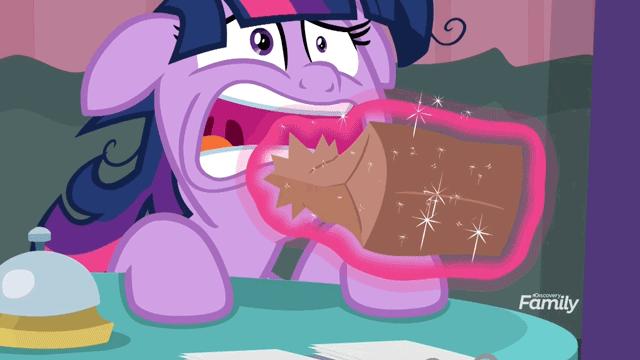 Size: 640x360 | Tagged: safe, screencap, character:twilight sparkle, character:twilight sparkle (alicorn), species:alicorn, species:pony, episode:a trivial pursuit, g4, my little pony: friendship is magic, animated, bell, cute, discovery family logo, female, floppy ears, glowing horn, hooves on the table, horn, hyperventilating, loop, magic, magic aura, mare, messy mane, panic, paper bag, paranoid, paranoid twilight, pitiful, puffy cheeks, solo, trivia trot, twilight snapple, twilighting