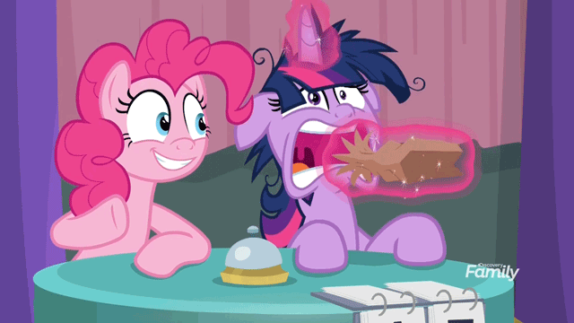 Size: 640x360 | Tagged: safe, screencap, character:pinkie pie, character:twilight sparkle, character:twilight sparkle (alicorn), species:alicorn, species:pony, episode:a trivial pursuit, g4, my little pony: friendship is magic, animated, discovery family logo, duo, floppy ears, hyperventilating, loop, messy mane, panic attack, paper bag, twilight snapple, twilighting