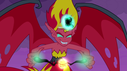 Size: 1920x1080 | Tagged: safe, screencap, character:sunset satan, character:sunset shimmer, equestria girls:equestria girls, g4, my little pony:equestria girls, big crown thingy, blast, charging, demon, element of magic, evil, fangs, female, jewelry, magic, magic blast, regalia, solo, sunset satan, wings