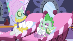 Size: 928x521 | Tagged: safe, screencap, character:rarity, character:spike, species:dragon, species:pony, species:unicorn, episode:dragon dropped, g4, my little pony: friendship is magic, cucumber, cucumber pirate, female, food, male, mare, mud mask, sad, spa, winged spike, worried