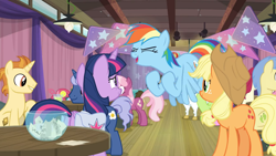 Size: 1600x900 | Tagged: safe, screencap, character:applejack, character:bulk biceps, character:cheerilee, character:doctor whooves, character:rainbow dash, character:time turner, character:twilight sparkle, character:twilight sparkle (alicorn), species:alicorn, species:pony, episode:a trivial pursuit, g4, my little pony: friendship is magic, bowl, ceiling light, crowd, drink, excited, flying, paper, spotlight, straw, table