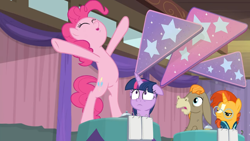 Size: 1600x900 | Tagged: safe, screencap, character:cranky doodle donkey, character:pinkie pie, character:sunburst, character:twilight sparkle, character:twilight sparkle (alicorn), species:alicorn, species:pony, episode:a trivial pursuit, g4, my little pony: friendship is magic, bell, bipedal, curtains, floppy ears, notepad, on table, outstretched arms, outstretched hoof, shocked, standing, stars, table