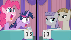Size: 1366x768 | Tagged: safe, screencap, character:maud pie, character:mudbriar, character:pinkie pie, character:twilight sparkle, character:twilight sparkle (alicorn), species:alicorn, species:pony, episode:a trivial pursuit, g4, my little pony: friendship is magic, bell, curtains, female, floppy ears, frazzled, jaw drop, looking at each other, male, messy mane, score, smiling, split screen, table