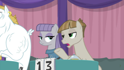 Size: 1366x768 | Tagged: safe, screencap, character:bulk biceps, character:maud pie, character:mudbriar, species:pony, episode:a trivial pursuit, g4, my little pony: friendship is magic, bell, curtains, female, male, notepad, score, table