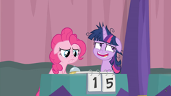 Size: 1364x766 | Tagged: safe, screencap, character:pinkie pie, character:twilight sparkle, character:twilight sparkle (alicorn), species:alicorn, species:pony, episode:a trivial pursuit, g4, my little pony: friendship is magic, bell, chuckle, curtains, floppy ears, frazzled, messy mane, nervous laugh, notepad, sad, sad eyes, score, table