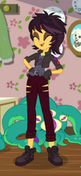 Size: 312x672 | Tagged: safe, screencap, character:sunset shimmer, episode:costume conundrum, g4, my little pony:equestria girls, belt, boots, bulk biceps' home, clothing, costume conundrum: sunset shimmer, cropped, eyeliner, eyes closed, eyeshadow, fangs, female, gloves, jacket, jeans, laughing, leather jacket, makeup, pants, shoes, vampire, vampire shimmer, wooyoo