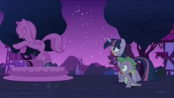 Size: 1918x1080 | Tagged: safe, screencap, character:spike, character:twilight sparkle, character:twilight sparkle (alicorn), species:alicorn, species:pony, episode:28 pranks later, g4, my little pony: friendship is magic, building, cookie zombie, fountain, ponyville, statue, tree
