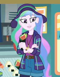 Size: 816x1052 | Tagged: safe, screencap, character:princess celestia, character:principal celestia, episode:the road less scheduled, g4, my little pony:equestria girls, clothing, cropped, feather, feather necklace, female, flannel, food, food truck, hat, jewelry, music festival outfit, necklace, shorts, smiling, sushi, sushi cone, the road less scheduled: celestia, watch, wristwatch
