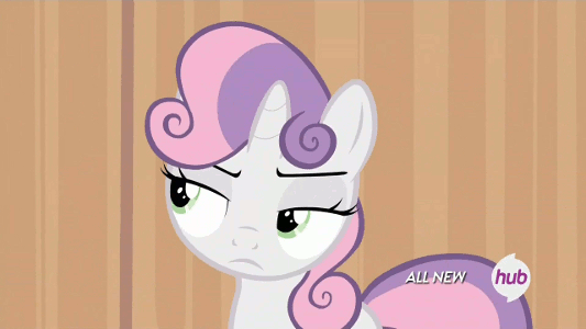 Size: 533x300 | Tagged: safe, screencap, character:sweetie belle, species:pony, species:unicorn, episode:for whom the sweetie belle toils, all fours, animated, annoyed, cute, cute when angry, diasweetes, female, filly, foal, gritted teeth, growling, head turn, hub logo, listening, looking at you, looking up, madorable, multicolored hair, narrowed eyes, raised eyebrow, solo, sweetie belle is not amused, unamused, zoom in