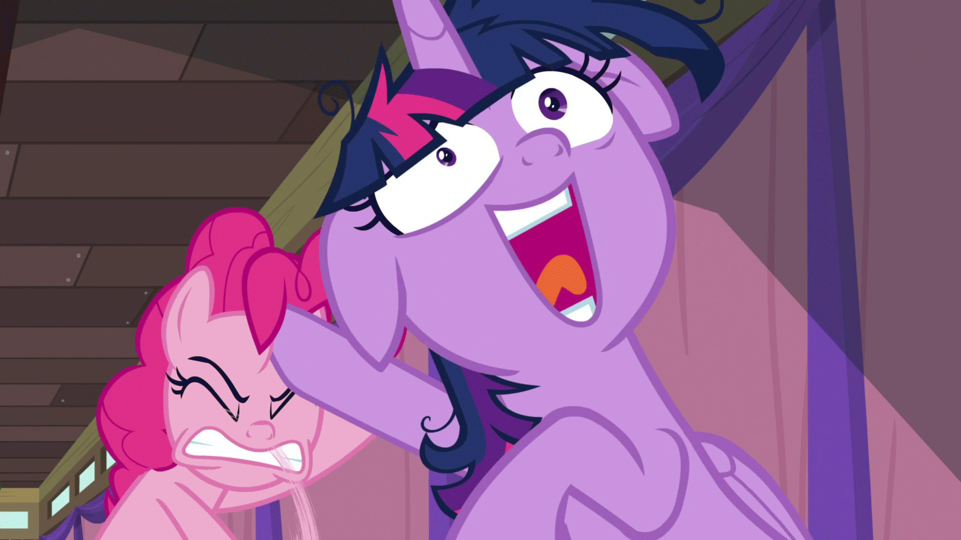 Size: 1920x1080 | Tagged: safe, screencap, character:pinkie pie, character:twilight sparkle, character:twilight sparkle (alicorn), species:alicorn, species:earth pony, species:pony, episode:a trivial pursuit, g4, my little pony: friendship is magic, animated, faec, female, floppy ears, gif, mare, messy mane, twilight snapple, twilighting, twilynanas