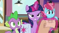 Size: 1920x1080 | Tagged: safe, screencap, character:cup cake, character:spike, character:twilight sparkle, character:twilight sparkle (alicorn), species:alicorn, species:dragon, species:pony, episode:a trivial pursuit, g4, my little pony: friendship is magic, lidded eyes, magic, saddle bag, scroll, winged spike