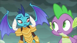 Size: 1280x720 | Tagged: safe, screencap, character:princess ember, character:spike, species:dragon, episode:gauntlet of fire, g4, my little pony: friendship is magic, armor, confused, discovery family logo, dragon armor, dragon lands, dragoness, duo, female, male