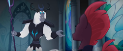 Size: 1360x573 | Tagged: safe, screencap, character:storm king, character:tempest shadow, species:pony, species:unicorn, my little pony: the movie (2017), angry, antagonist, armor, broken horn, canterlot castle, claws, crown, fangs, female, horn, horns, jewelry, mare, regalia, staff, staff of sacanas, stained glass, yeti