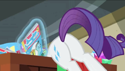Size: 1120x634 | Tagged: safe, screencap, character:rarity, species:pony, species:unicorn, episode:dragon dropped, g4, my little pony: friendship is magic, butt, comic, crate, face down ass up, female, flank, magic, mare, plot, rearity