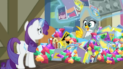 Size: 1113x625 | Tagged: safe, screencap, character:gabby, character:mane-iac, character:rarity, species:griffon, species:pony, species:unicorn, episode:dragon dropped, g4, my little pony: friendship is magic, comic, female, frown, gem, magic, mare, pile, power ponies comic, smiling, toy