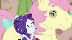 Size: 1920x1080 | Tagged: safe, screencap, character:fluttershy, character:posey, character:rarity, episode:costume conundrum, g4, my little pony:equestria girls, bow, clothing, costume, costume conundrum: applejack, costume party, dress, fluttershy suit, mythology gag, sleeveless, tail bow