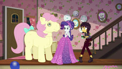 Size: 1280x720 | Tagged: safe, screencap, character:posey, character:rarity, character:sunset shimmer, episode:costume conundrum, g4, my little pony:equestria girls, bow, clothing, costume conundrum: applejack, dress, fake fangs, fangs, female, geode of super strength, magical geodes, quadsuit, sleeveless, tail bow, vampire shimmer, wig, wooyoo