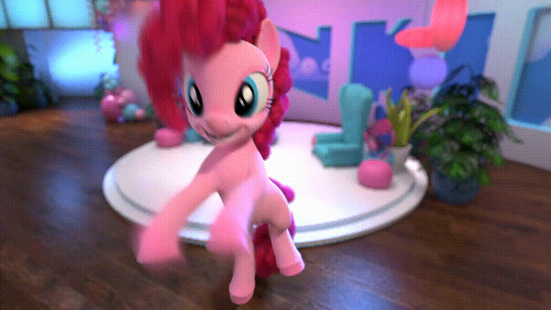 Size: 800x450 | Tagged: safe, official, screencap, character:pinkie pie, species:earth pony, species:pony, 3d, :o, animated, bipedal, cgi, cute, dancing, female, gif, glare, headbob, hello pinkie pie, mare, open mouth, pinkcrab spider, pinkie being pinkie, puffy cheeks, raised eyebrow, smiling, smirk, solo, uncanny valley, youtube link