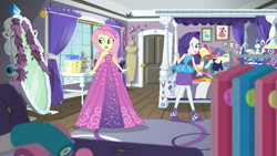 Size: 1600x900 | Tagged: safe, screencap, character:fluttershy, character:rarity, episode:costume conundrum, g4, my little pony:equestria girls, beautiful, clothes hanger, clothing, costume conundrum: rarity, cute, dress, geode of shielding, jewelry, magical geodes, mirror, princess fluttershy, rarity's bedroom, shyabetes, sleeveless, tiara