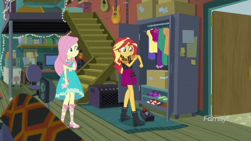 Size: 800x450 | Tagged: safe, screencap, character:fluttershy, character:sunset shimmer, episode:costume conundrum, g4, my little pony:equestria girls, animated, book, box, clothing, controller, costume conundrum: sunset shimmer, discovery family logo, dodge, food, gif, grossed out, guitar, horseshoes, looking at something, meat, mold, musical instrument, pepperoni, pepperoni pizza, pizza, smelly, stairs, throwing, toss