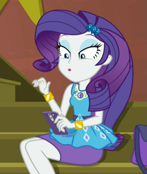 Size: 913x1080 | Tagged: safe, screencap, character:rarity, episode:costume conundrum, g4, my little pony:equestria girls, :o, bracelet, cellphone, cropped, female, geode of shielding, handbag, jewelry, legs, lidded eyes, magical geodes, open mouth, pencil skirt, phone, smartphone, solo, sunset's apartment, wide eyes