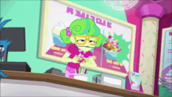 Size: 1920x1080 | Tagged: safe, screencap, species:bird, species:rabbit, episode:tip toppings, g4, my little pony:equestria girls, animal, animated, blue jay, braces, cash register, cashier, female, froyo, frozen yogurt, frozen yogurt shop, glasses, orthodontic headgear, pigtails, pointing, raised arm, sign, sound, spittle, stella sprinkles, tip toppings: fluttershy, twintails, webm