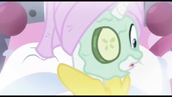 Size: 2224x1251 | Tagged: safe, screencap, character:rarity, episode:dragon dropped, g4, my little pony: friendship is magic, bathrobe, clothing, cucumber, cucumber pirate, food, mud mask, robe, spa, suprised look, towel on head