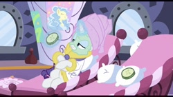 Size: 2224x1251 | Tagged: safe, screencap, character:rarity, episode:dragon dropped, g4, my little pony: friendship is magic, cucumber, cucumber pirate, food, lonely, mud mask, spa