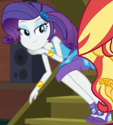 Size: 815x902 | Tagged: safe, screencap, character:rarity, episode:costume conundrum, g4, my little pony:equestria girls, clothing, cropped, cute, female, geode of shielding, gold, hairclip, high heels, jewelry, leaning forward, lidded eyes, magical geodes, pencil skirt, raribetes, seductive look, seductive pose, shoes, sitting, sleeveless, smiling, solo focus, staircase, stairs, sunset's apartment, waistband, wrist cuffs