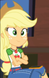 Size: 496x782 | Tagged: safe, screencap, character:applejack, episode:costume conundrum, g4, my little pony:equestria girls, cellphone, cropped, crossed arms, crossed legs, geode of super strength, iphone, magical geodes, phone, sitting, smartphone, smiling, solo focus, sunset's apartment