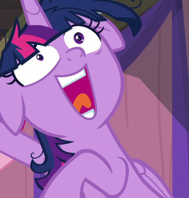 Size: 616x645 | Tagged: safe, screencap, character:pinkie pie, character:twilight sparkle, character:twilight sparkle (alicorn), species:alicorn, species:earth pony, species:pony, episode:a trivial pursuit, g4, my little pony: friendship is magic, animated, crazy face, cropped, faec, female, floppy ears, gif, mare, messy mane, open mouth, shrunken pupils, smiling, solo focus, twilight snapple, twilight sparkle is best facemaker, twilighting, twilynanas, wide eyes