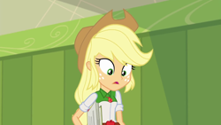 Size: 1280x720 | Tagged: safe, screencap, character:applejack, episode:monday blues, eqg summertime shorts, g4, my little pony:equestria girls, applejack's hat, clothing, cowboy hat, female, geode of super strength, hat, lockers, looking down, magical geodes