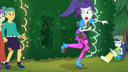 Size: 1914x1080 | Tagged: safe, screencap, character:blueberry cake, character:rarity, character:starlight, episode:lost and pound, g4, my little pony:equestria girls, background human, blueberry cake, book, chase, clothing, female, geode of shielding, guy grove, legs, lost and pound: rarity, magical geodes, male, marshmelodrama, maze, mud, muddy, neon garden maze, open mouth, outdoors, rarity being rarity, running, scared, shorts, starlight, terrified