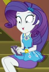 Size: 709x1035 | Tagged: safe, screencap, character:rarity, my little pony:equestria girls, cellphone, clothing, cropped, female, geode of shielding, guitar, iphone, magical geodes, musical instrument, pencil skirt, phone, raised eyebrows, sitting, skirt, skirt lift, smartphone, smiling, solo, stairs, sunset's apartment, text, wide eyes