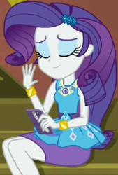 Size: 688x1018 | Tagged: safe, screencap, character:rarity, episode:costume conundrum, g4, my little pony:equestria girls, cellphone, clothing, cropped, don't be jealous, eyes closed, female, geode of shielding, guitar, iphone, magical geodes, musical instrument, pencil skirt, phone, raised hand, sitting, skirt, smartphone, smiling, solo, stairs, sunset's apartment, text