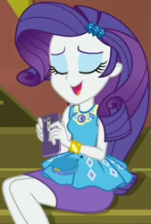 Size: 699x1033 | Tagged: safe, screencap, character:rarity, episode:costume conundrum, g4, my little pony:equestria girls, cellphone, clothing, cropped, eyes closed, geode of shielding, guitar, iphone, magical geodes, musical instrument, pencil skirt, phone, sitting, skirt, smartphone, smiling, solo, stairs, sunset's apartment, text