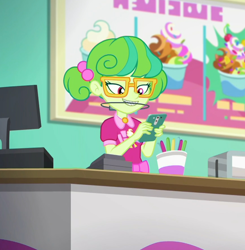 Size: 868x884 | Tagged: safe, screencap, episode:tip toppings, g4, my little pony:equestria girls, adorkable, braces, cash register, cashier, cellphone, cropped, cute, dork, female, froyo, frozen yogurt, frozen yogurt shop, glasses, orthodontic headgear, phone, pigtails, sign, smartphone, smiling, stella sprinkles, tip toppings: twilight sparkle, twintails