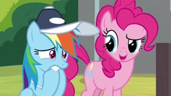 Size: 1920x1080 | Tagged: safe, screencap, character:pinkie pie, character:rainbow dash, species:pony, episode:2-4-6 greaaat, biting, cap, clothing, hat, hoof biting