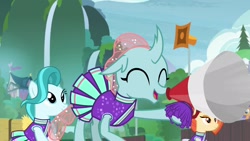 Size: 1920x1080 | Tagged: safe, screencap, character:lighthoof, character:ocellus, character:shimmy shake, species:changedling, species:changeling, species:pony, species:reformed changeling, episode:2-4-6 greaaat, cheerleader ocellus, cheerleader outfit, clothing, cute, diaocelles, megaphone