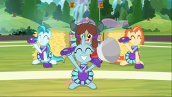 Size: 1667x939 | Tagged: safe, screencap, character:lighthoof, character:ocellus, character:shimmy shake, character:yona, species:changedling, episode:2-4-6 greaaat, cheerleader ocellus, cheerleader outfit, cheerleader yona, clothing, cropped, eyes closed, hay bale, megaphone, smiling