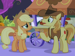 Size: 906x679 | Tagged: safe, screencap, character:applejack, character:braeburn, species:earth pony, species:pony, episode:the summer sun setback, g4, my little pony: friendship is magic, canterlot, clothing, concerned, cowboy hat, female, food, hat, male, mare, night, pie, raised hoof, stallion, vest, wagon