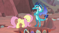 Size: 1920x1080 | Tagged: safe, screencap, character:fluttershy, character:princess ember, species:dragon, species:pegasus, species:pony, episode:sweet and smoky, g4, my little pony: friendship is magic, bowing, crossed arms, dragon egg, dragon lands, dragoness, duo, eyes closed, female, mare