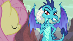 Size: 1920x1080 | Tagged: safe, screencap, character:fluttershy, character:princess ember, species:dragon, species:pony, episode:sweet and smoky, g4, my little pony: friendship is magic, dragoness, female, mare, pointing, pointing at self, solo focus