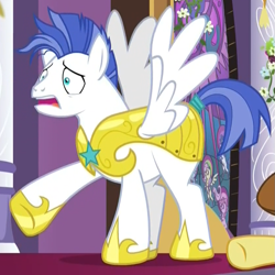 Size: 839x839 | Tagged: safe, screencap, species:pegasus, species:pony, episode:the summer sun setback, g4, my little pony: friendship is magic, armor, cropped, frown, gesture, hoof shoes, male, messy mane, mohawk, pegasus royal guard, royal guard, royal guard armor, scared, solo focus, spread wings, stallion, wings, worried