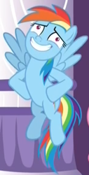 Size: 292x573 | Tagged: safe, screencap, character:rainbow dash, species:pegasus, species:pony, episode:the summer sun setback, g4, my little pony: friendship is magic, cropped, faec, fake smile, female, flying, hooves on hips, lies, mare, nervous, nervous grin, rainbow dash is best facemaker, rainbowsnap, solo focus